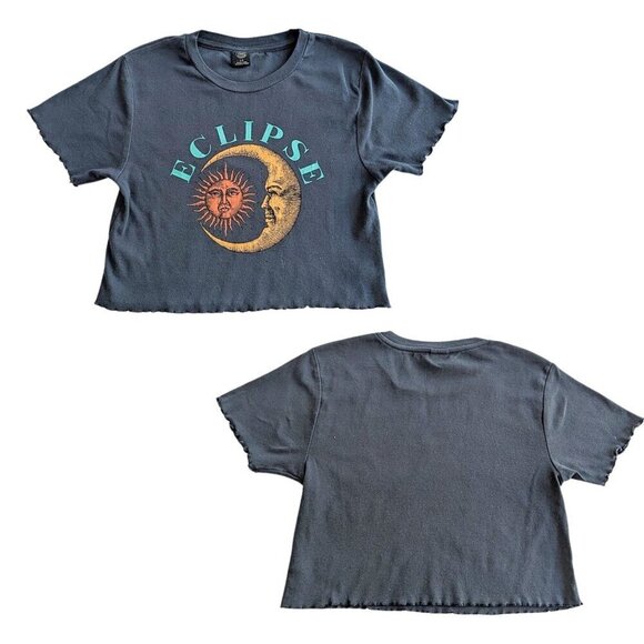 URBAN OUTFITTERS Navy Spacecore Eclipse 100% Cotton Cropped Baby Tee Size L - Picture 1 of 3